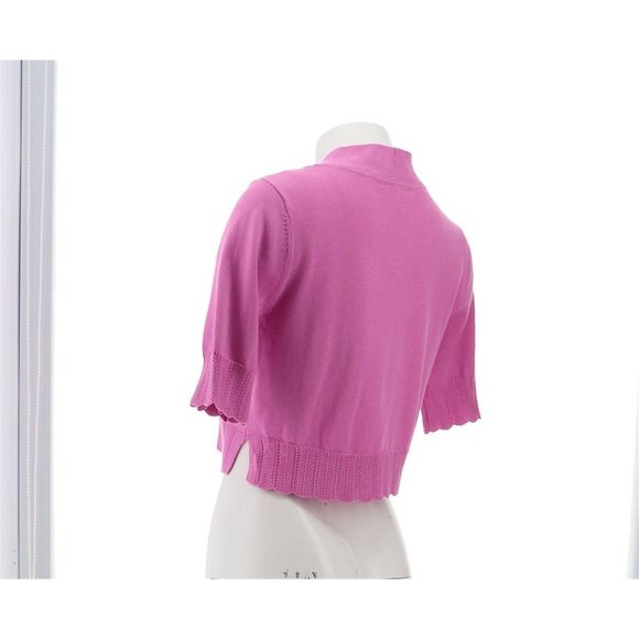 NWT ISAAC MIZRAHI SCALLOP TRIM OPEN FRONT CARDIGAN SWEATER AFRICAN ORCHID XXS - Picture 4 of 11